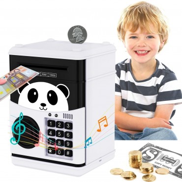 Pusculita Interactiva Copii Tip Seif Cu PIN | Functie ATM Bancnote Monede | LED Sunet UV | Model Panda