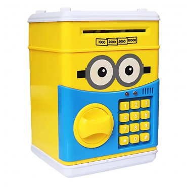 Pusculita Interactiva Copii Tip Seif Cu PIN | Functie ATM Bancnote Monede | LED Sunet UV | Model Minion