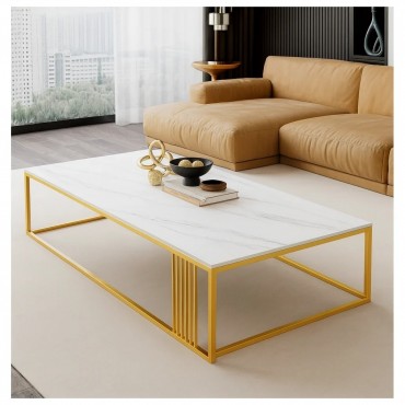 Masuta de cafea dreptunghiulara ADEN, minimalista, design ultramodern scandinav, aspect marmura alba cu rame aurii, 120x60x43cm