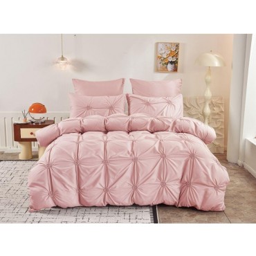Lenjerie de Pat 6 Piese Finet Inimi Brodate | Roz Pal | Cearceaf Pilota 200x230 Fermoar | Pat 250x270 | 4 Fete Perna | 130 GSM