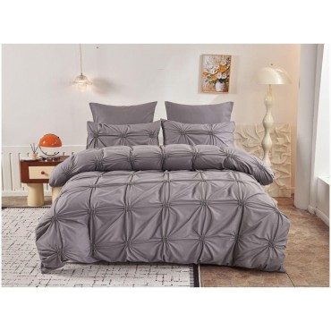 Lenjerie de Pat 6 Piese Finet Inimi Brodate | Gri | Cearceaf Pilota 200x230 Fermoar | Pat 250x270 | 4 Fete Perna | 130 GSM