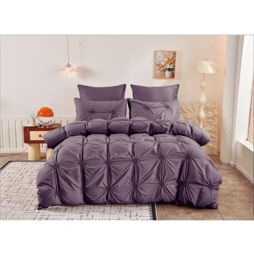 Lenjerie de Pat 6 Piese Finet Inimi Brodate | Mov | Cearceaf Pilota 200x230 Fermoar | Pat 250x270 | 4 Fete Perna | 130 GSM
