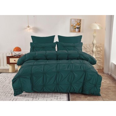 Lenjerie de Pat 6 Piese Finet Inimi Brodate | Verde Smarald | Cearceaf Pilota 200x230 Fermoar | Pat 250x270 | 4 Fete Perna | 130 GSM
