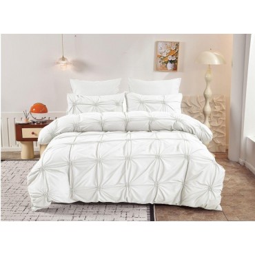 Lenjerie de Pat 6 Piese Finet Inimi Brodate | Alb | Cearceaf Pilota 200x230 Fermoar | Pat 250x270 | 4 Fete Perna | 130 GSM