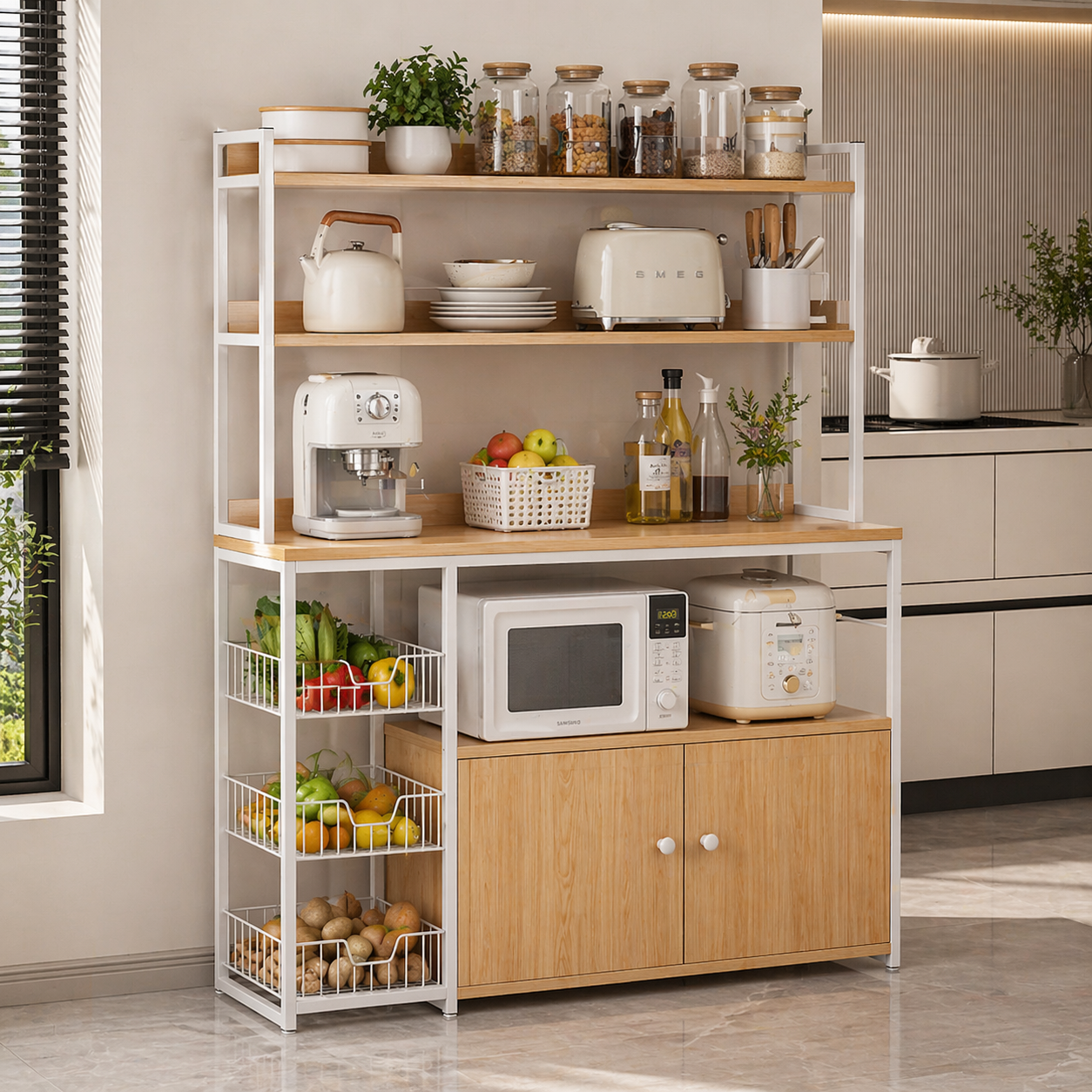 Etajera bucatarie multifunctionala 120x30x146 cm alb maro – Corp mobilier pentru organizare completa, stil modern, spatiu maxim