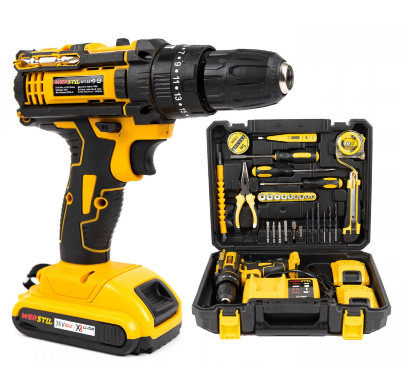 Trusa Bormasina WERSTIL cu 2 Acumulatori 36V 5Ah, Autofiletanta cu Percutie cu 30 de accesorii