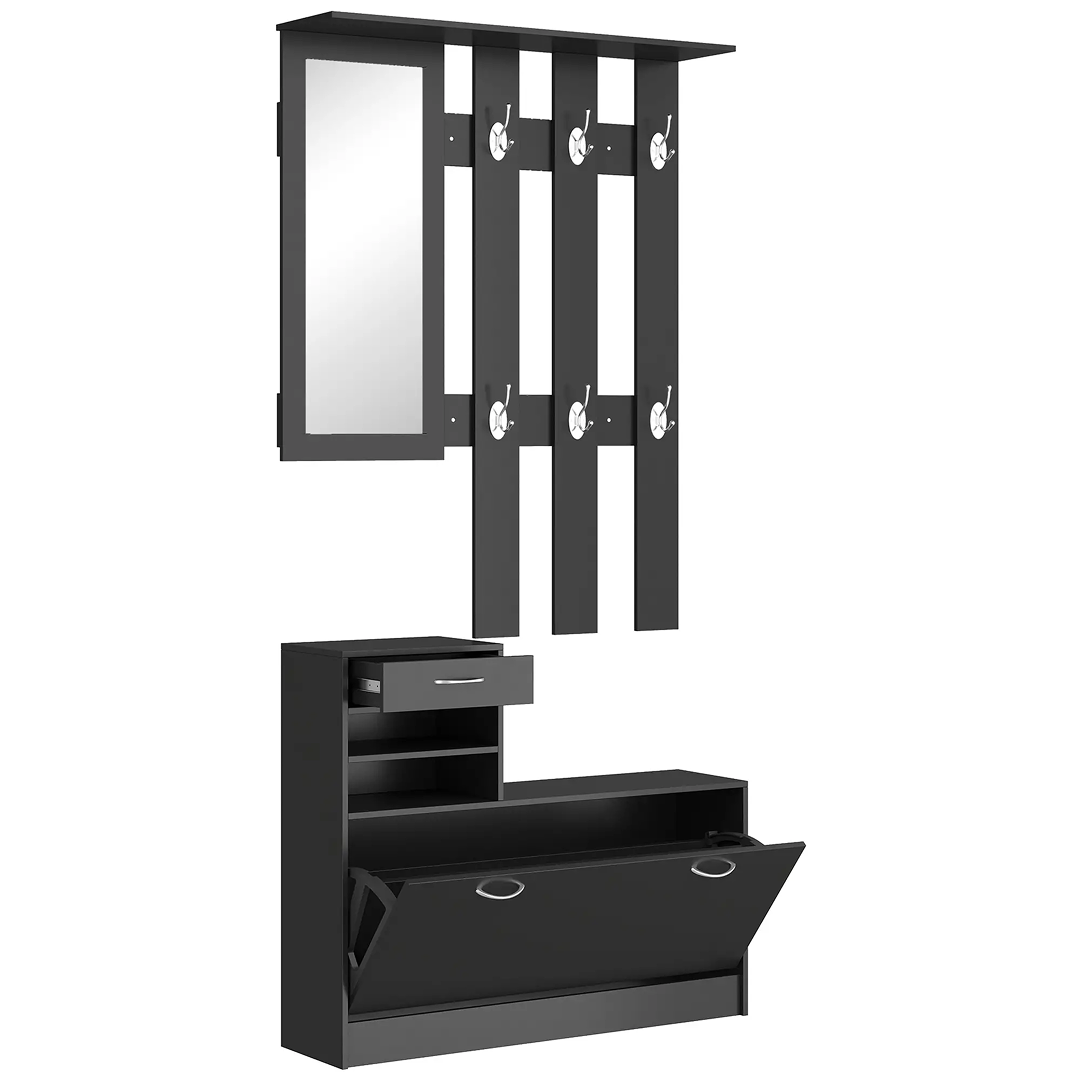 Cuier haaus Lyon | PAL Melaminat 16mm | Pantofar, Oglindă & Suporți Haine | 100 x 29 x 191.5 cm | Antracit / Alb / Maro Deschis