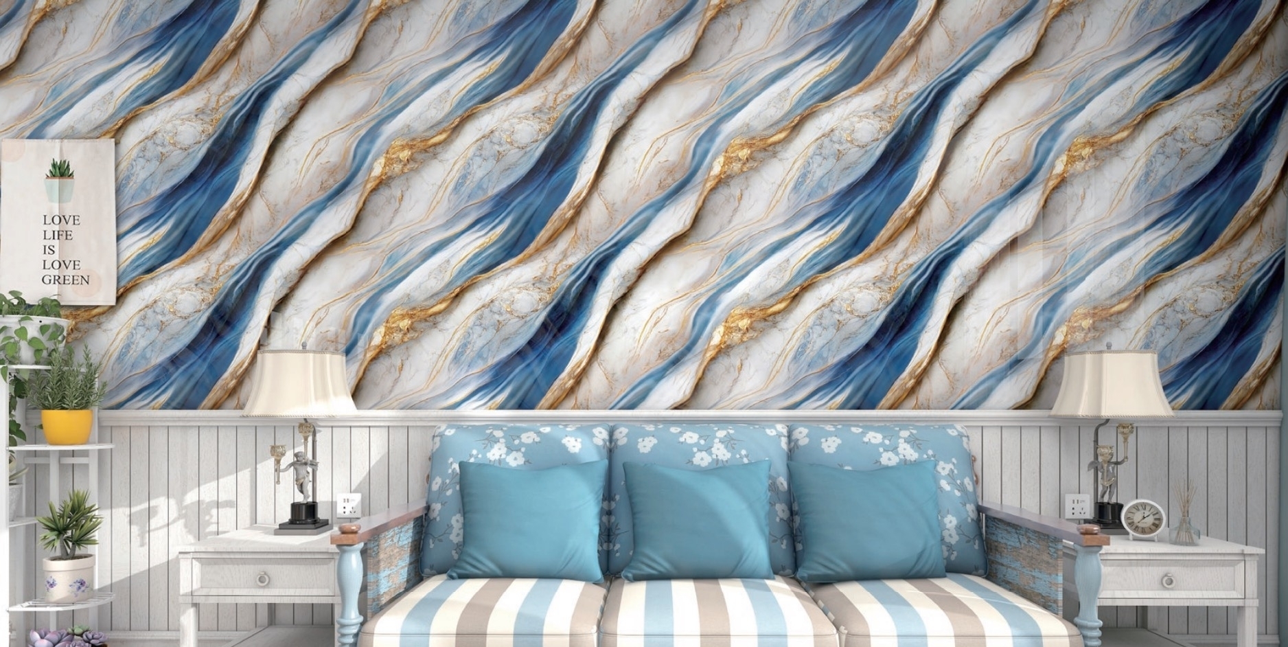 Tapet Autoadeziv cu Efect de Marmura Albastru-Auriu, 60 x 300 cm, Folie Decorativa Rezistenta