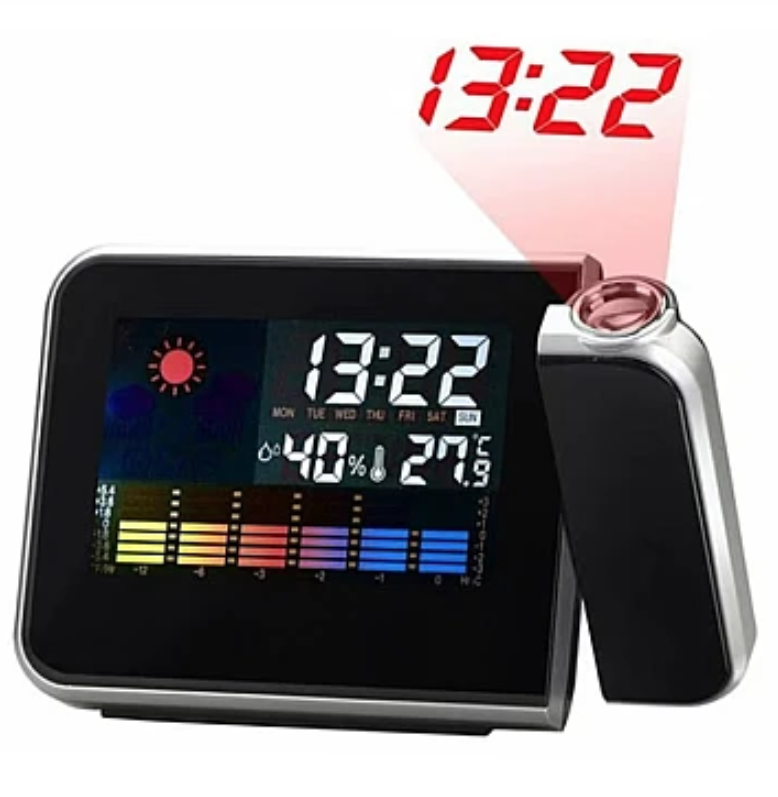 Ceas de birou, proiector cu LED reglabil, ecran LCD, alarma, data