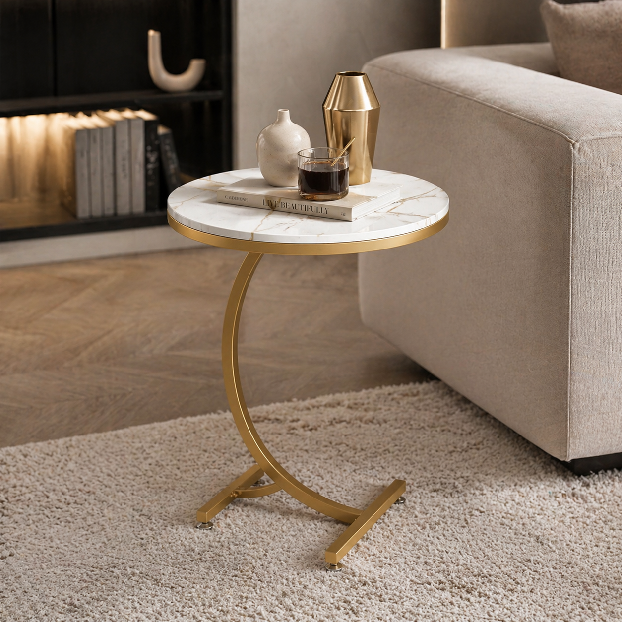 Masa laterala rotunda din otel inoxidabil auriu 50x60 cm - Design nordic premium, cadru inox elegant, model marmura alba 