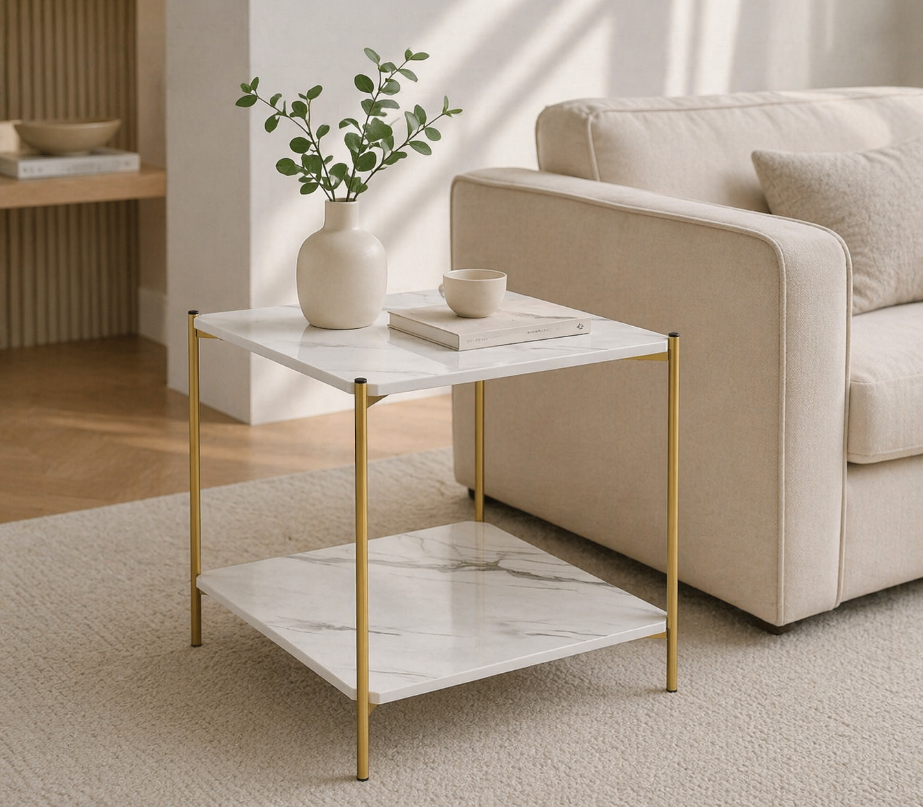 Masuta cafea efect marmura alba cu cadru auriu 40x40x43 cm – Design modern cu 2 rafturi, eleganta si spatiu extra