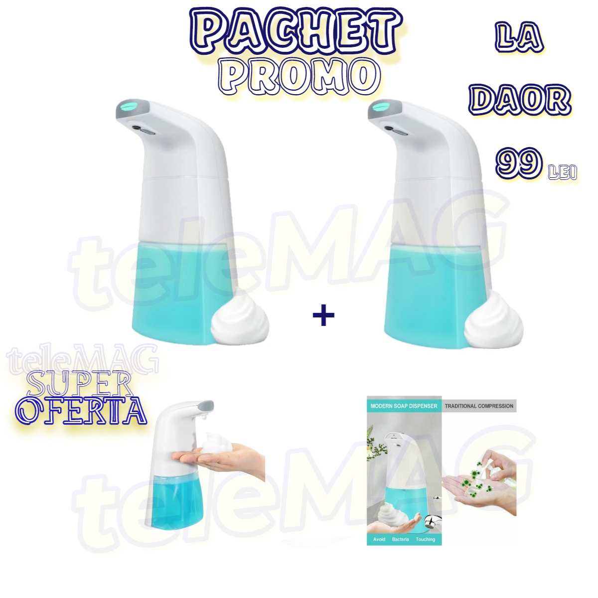 Pachet Promo: Set Doua Dozatorare sapun lichid, electric, cu senzor de miscare, 400 ml 