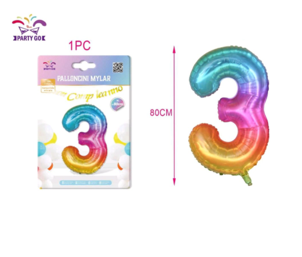 Balon aluminiu,cifra trei,multicolor,80cm,FB0897
