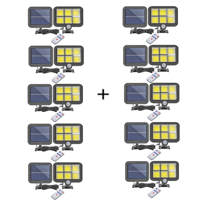 Set 10 lampi cu panou solar, 6 COB , putere 250 W,  cu senzor de miscare, suport si telecomanda