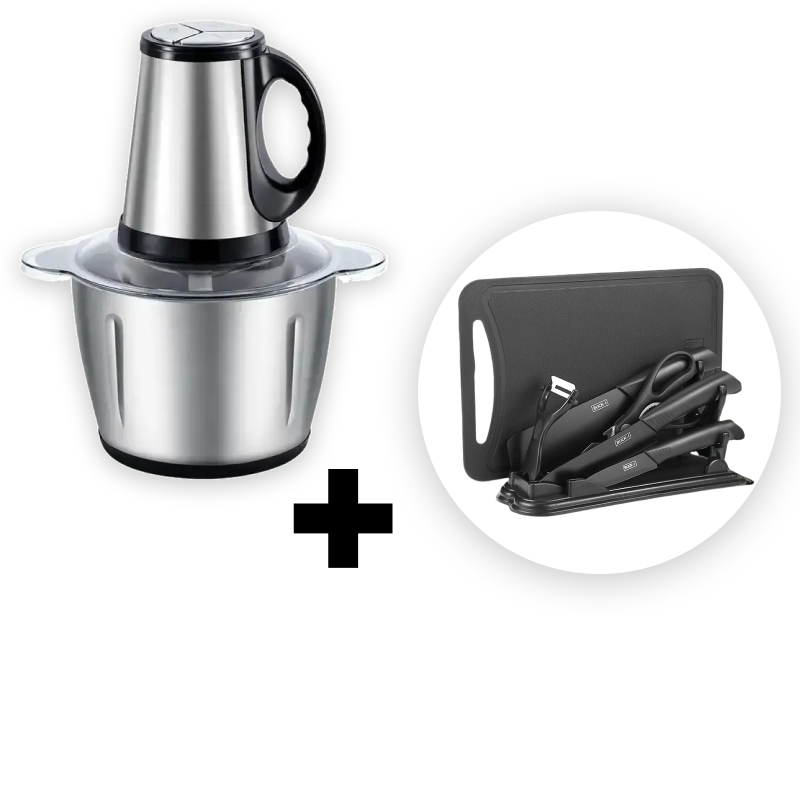 PROMOTIE Set 7 Instrumente Bucatarie + Tocator Electric 2L | Cutite Ceramice + Carpator + Peeler + Foarfeca + Suport | 4 Lame Inox | Motor 250W