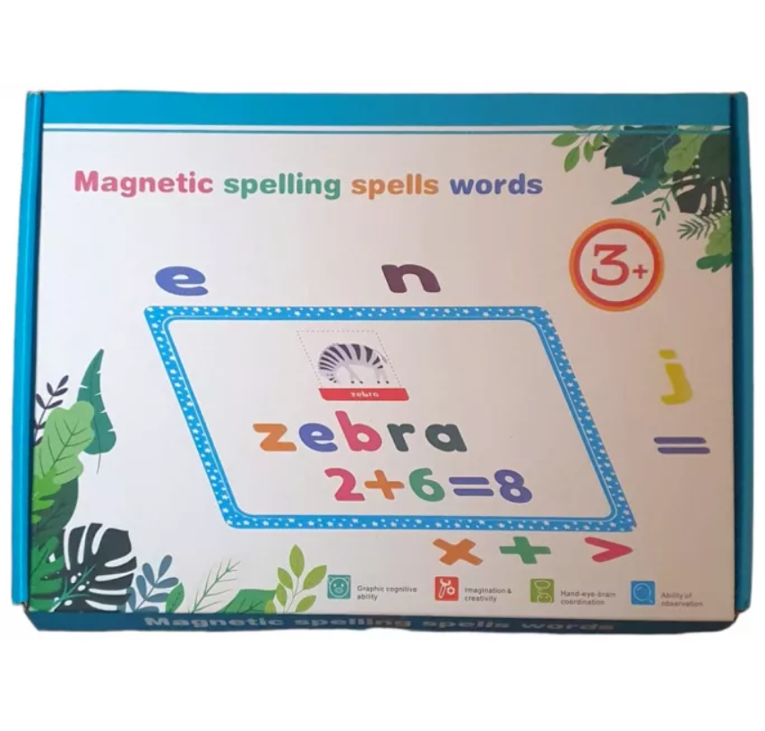 Tabla educativa multifunctionala, 82 litere si cifre magnetice, 25 cartonase magnetice cu animale, marker si burete