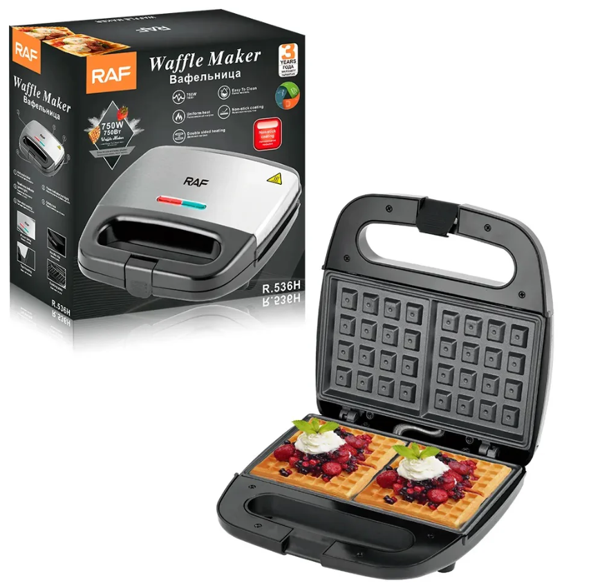 Aparat de Facut Gofre, RAF R536H, 750W, Reglarea Automata a Temperaturii, Negru-Argintiu