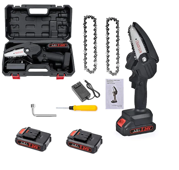 Mini drujba cu lant, fara fir, lama 6 inch, portabila , cu 2 acumulatori + 2 lanturi 